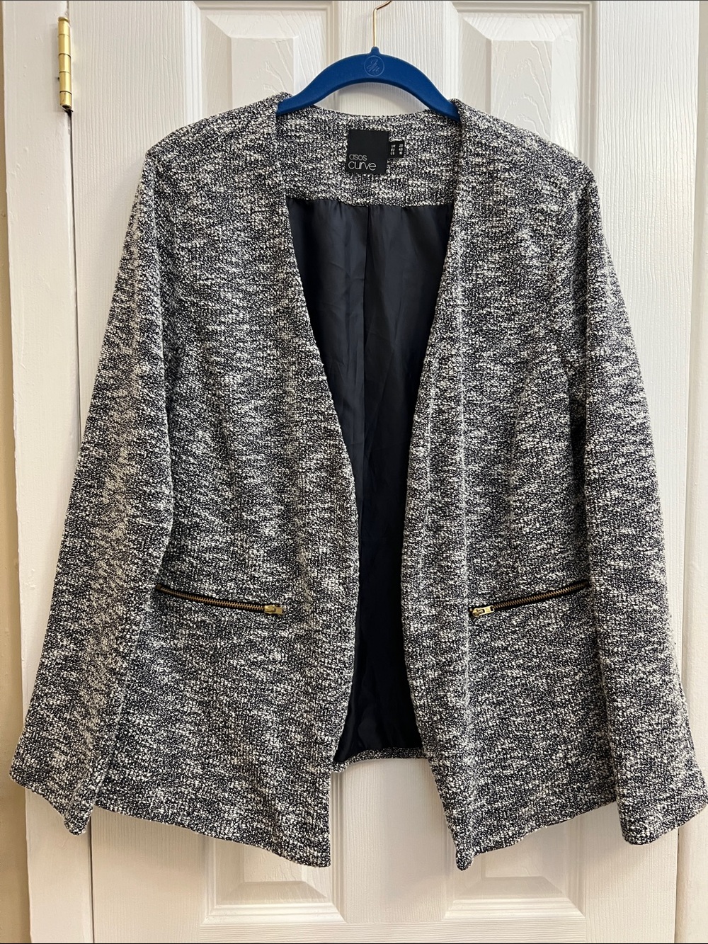 ASOS Curve Women's Black & White Open Front Tweed Jacket NWOT